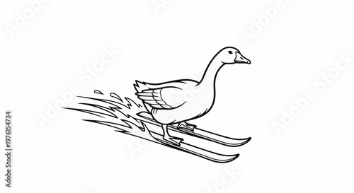 A cartoon goose skis downhill with water splashes behind it