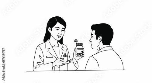 A female professional hands a bottle of pills to a male recipient