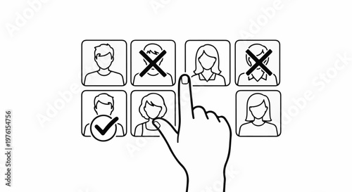 A hand selects a person from a group of icons, with some rejected