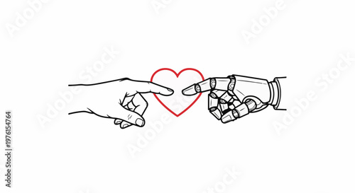 A human hand and robotic hand point towards a red heart