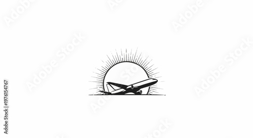 A jetliner soars across a stylized sunburst in a minimalist graphic