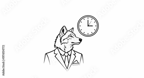 Stylized wolf in a suit and tie, looking at a clock