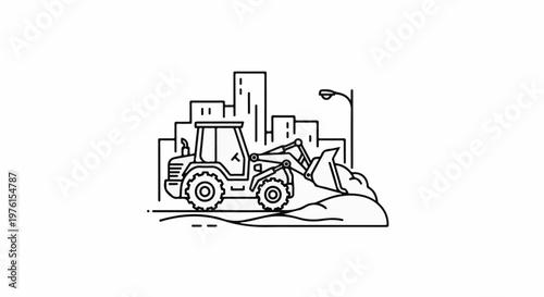 A line art drawing of a front loader moving dirt in a city