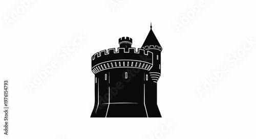 A black and white silhouette of a medieval castle tower with battlements and a pointed roof