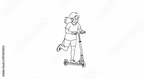 Child wearing a mask rides a scooter with windblown hair