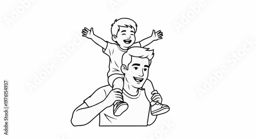 Father carrying happy child on shoulders, smiling joyfully