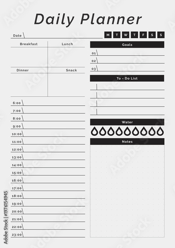 Black and White Daily Planner Template Pages Minimal Printable Organizer