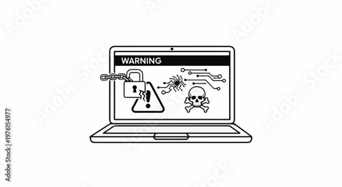 Laptop screen displays warning symbols lock, skull, hazard, and circuits