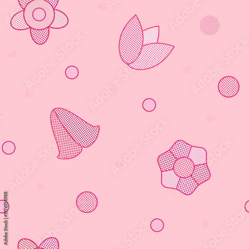 Seamless floral pattern with cartoon flowers in pink colors.