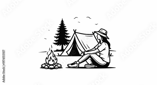 Person sitting by campfire at campsite with tent and tree