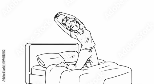 Person in pajamas stretching on a bed, arms overhead, waking up