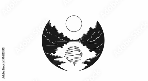 Stylized landscape with mountains, lake, and a sun, enclosed in a circle