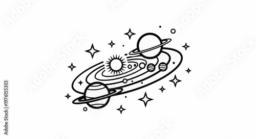 Stylized solar system with sun, planets, orbits, and stars