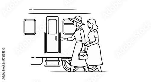 Two women in vintage attire approach a train carriage