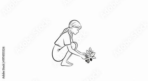 Woman picking berries from a bush, line art drawing