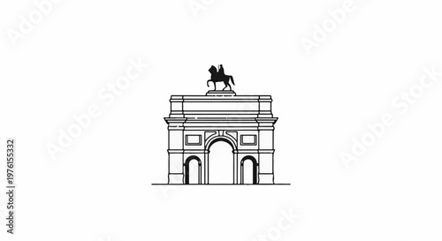 A black silhouette of an equestrian statue atop an arch