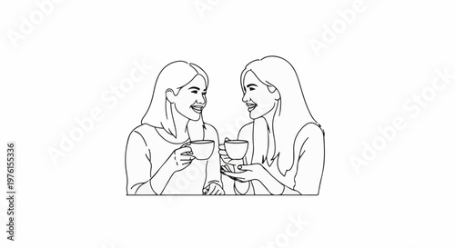 Two women smiling and holding cups, drawn in a simple line art style