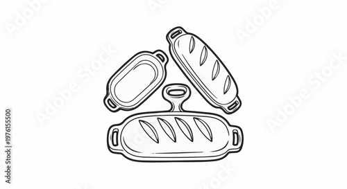 Three baking pans, one with a handle, holding loaves of bread