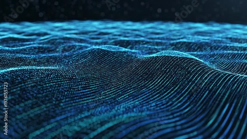 Abstract digital wave of blue glowing particles representing big data and network technology.
