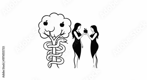 Temptation snake entwined tree, two women sharing forbidden fruit
