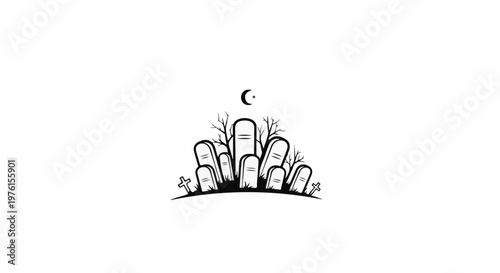 A graveyard with tombstones, bare branches, and a moon with a star