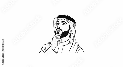 Stylized line drawing of a man with a beard in traditional headwear, thinking