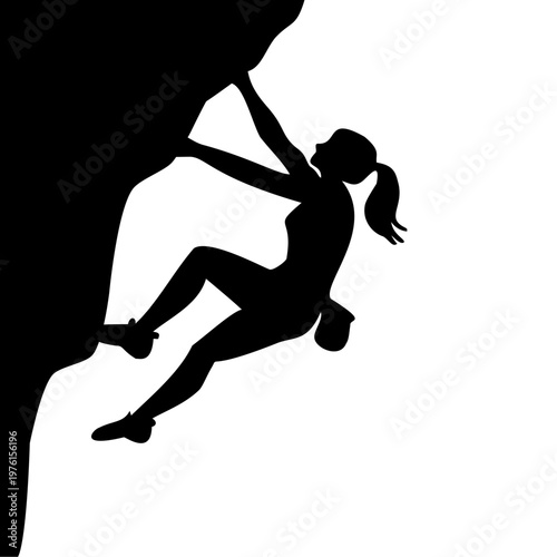 Black silhouette vector illustration of female rock climber scaling cliff with ponytail, chalk bag, and climbing shoes in dynamic pose