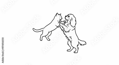 A playful cat and dog are depicted in a dynamic illustration, engaged in a spirited interaction