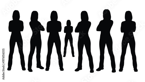 Silhouettes of people including adults and a child standing with arms crossed