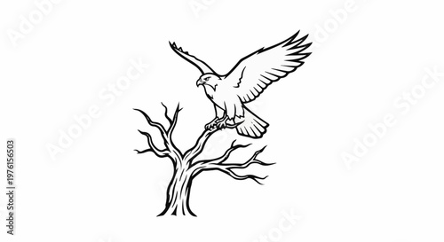 A stark illustration of a hawk landing on a bare, gnarled tree branch