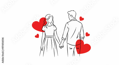 A couple holds hands, surrounded by red hearts, in a simple line drawing