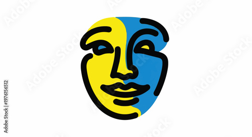 Abstract face with yellow and blue halves, bold black outline