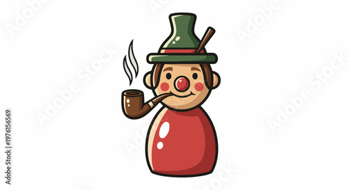 Cheerful cartoon character with red shirt, green hat, and pipe