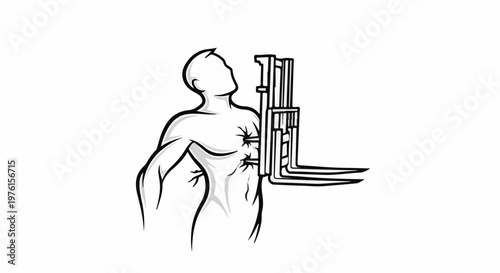 Stylized human torso pierced by industrial forklift forks