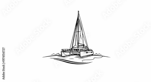A line art drawing of a white catamaran sailboat on calm blue waters