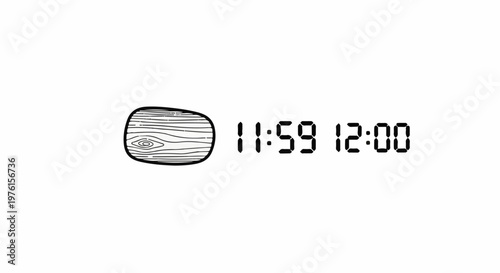 A rough sketch of wood grain next to digital clock showing 1159 to 1200