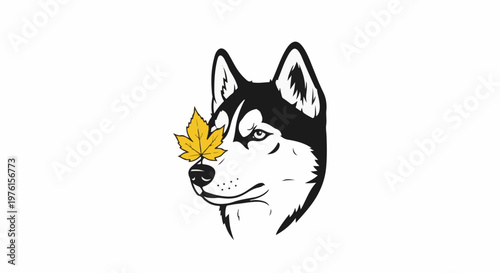Stylized husky head in profile, yellow leaf obscuring left eye