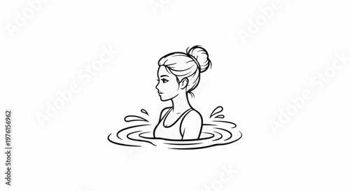 A simple line drawing of a woman in a swimsuit, with her hair in a bun, partially submerged in rippling water