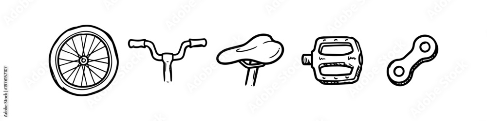 Fototapeta premium Set of hand-drawn bicycle parts icons including wheel, handlebars, saddle, pedal, and chain link. Minimalist black line art on white background for cycling repair and maintenance themes.