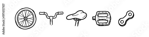 Set of hand-drawn bicycle parts icons including wheel, handlebars, saddle, pedal, and chain link. Minimalist black line art on white background for cycling repair and maintenance themes.