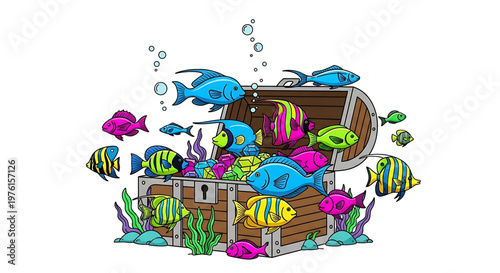 A colorful vector illustration of a treasure chest overflowing with vibrant fish and jewels underwater