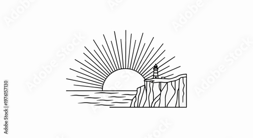 A stylized sunrise over a calm sea with a lighthouse on a cliff