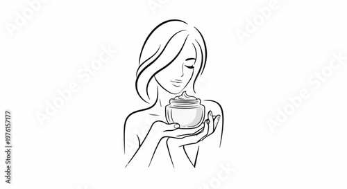 Elegant woman with closed eyes holds jar of cream