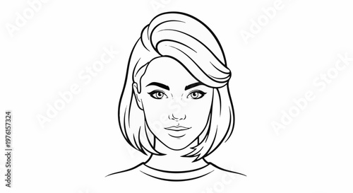 Stylized black and white line drawing of a young woman's face and shoulders