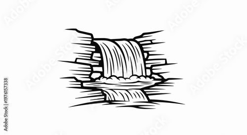 Stylized black and white illustration of a waterfall cascading over rocks