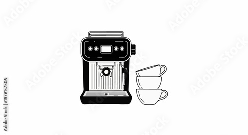 Sleek black espresso machine with a stack of three white cups beside it