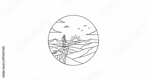 Solitary hiker observes sunrise over rolling hills from cliff edge