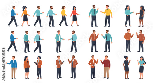A diverse group of people walking and interacting in various colorful outfits and poses.