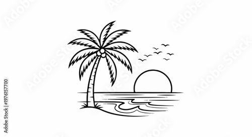 A solitary palm tree stands on a sandy shore beside the ocean at sunset