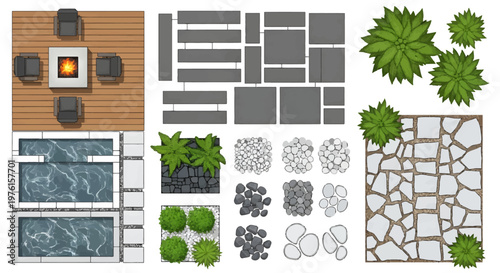 Garden design elements layout including patio furniture and various stones